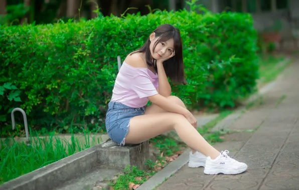 Picture youth, green grass, track, Asian, posing, shrub, track, asian