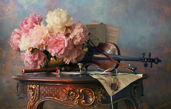 Picture letter, flowers, style, notes, violin, still life, bow, peonies
