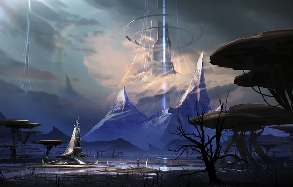 Picture rays, mountains, people, ship, planet, tower, art