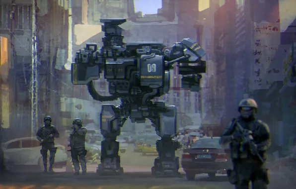 The city, future, street, robot, art, patrol, Weihao Wei