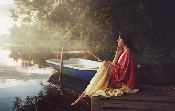 Picture girl, trees, reverie, pose, fog, green, sweetheart, boat
