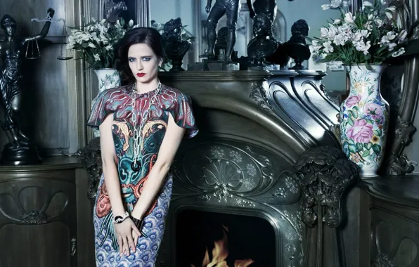 Picture room, dress, figurine, fireplace, Eva, Libra, green, Eva Green