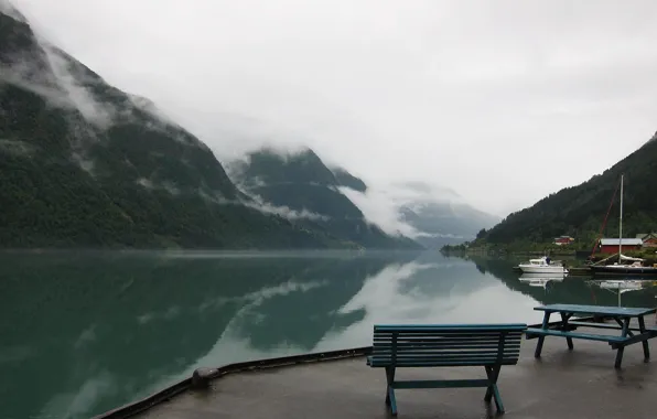 Mountains, lake, pier, Norway, haze, Norway, the fjord, Sogn and Fjordane