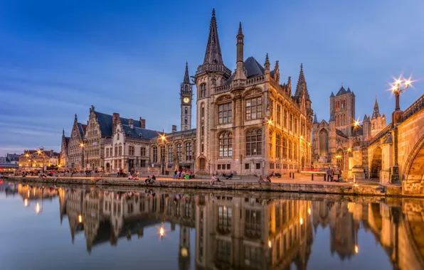 Picture city, lights, twilight, river, sunset, evening, people, Belgium