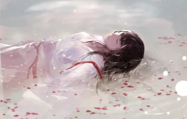 Picture water, sleep, kimono, rose petals, closed eyes, is in the water, Akagi, Kantai Collection