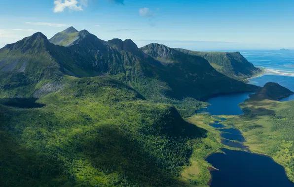 Picture sea, the sky, the sun, mountains, coast, horizon, Norway, Lofoten