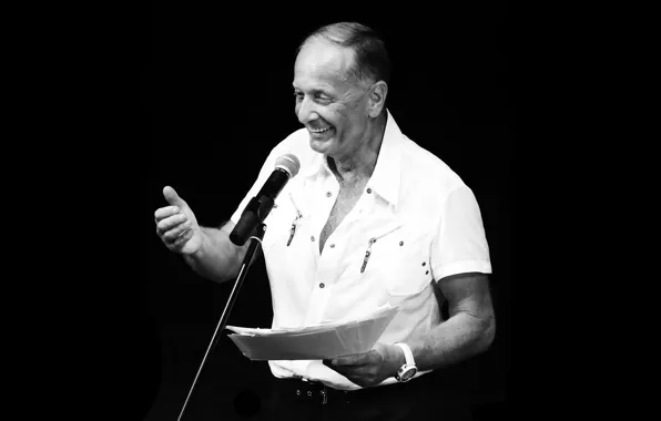 Picture smile, b/W, male, microphone, black background, writer, black and white, comedian