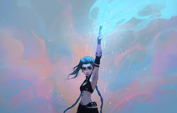 Girl, gesture, blue hair, digital art, Jinx, raised hand, Sam Yang, Sam Young