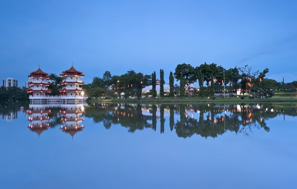 The sky, trees, lake, reflection, the evening, Singapore, architecture, blue