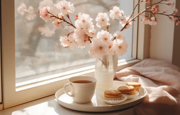 Glass, light, flowers, branches, cherry, tea, bouquet, spring