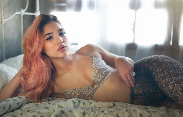 Bra, cleavage, long hair, model, women, window, bed, pantyhose