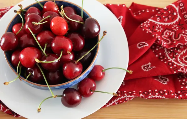 Red, cherry, berries, plate, cherry, napkin