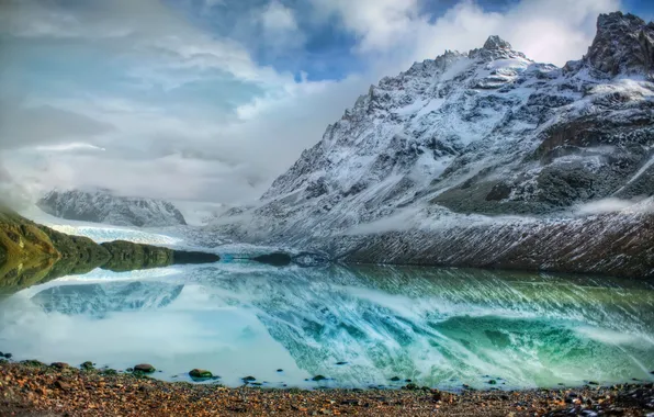 Clouds, mountains, lake, reflection, stones, glacier