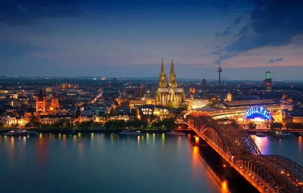 Picture night, bridge, lights, tower, station, Germany, Cathedral, Rhine