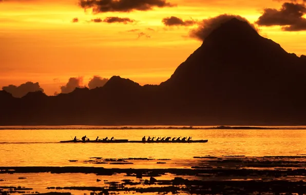 Sea, mountains, boat, Tahiti, French Polynesia, Society Islands