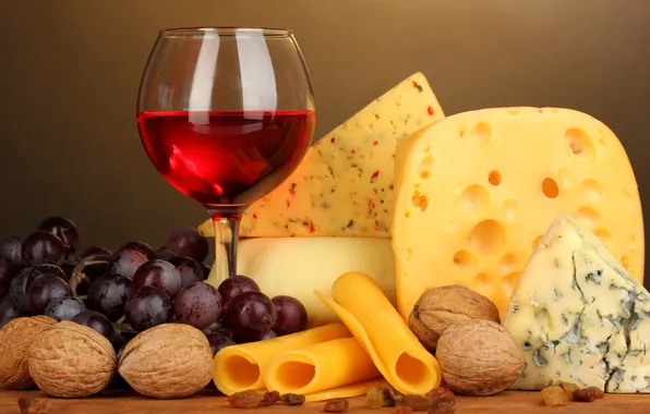Picture wine, red, glass, cheese, grapes, nuts, raisins