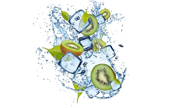 Ice, water, kiwi, ice, leaves, water, leaves, kiwi fruit