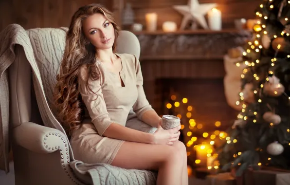 Picture girl, lights, house, heat, room, tree, new year, Olga Boyko