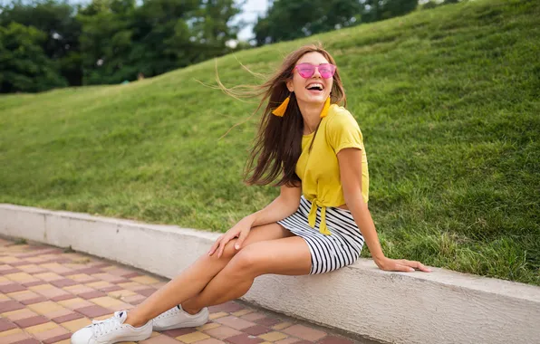 Girl, mini, beautiful, model, skirt, sunglasses, sneakers