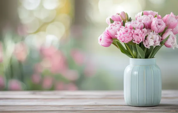 Flowers, table, holiday, Board, tulips, vase, pink, buds