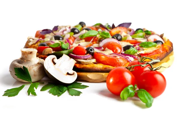 Mushrooms, cheese, bow, pizza, tomatoes, olives, mushrooms