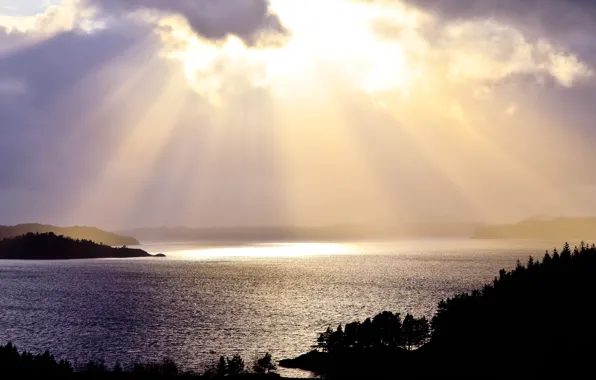 Water, the sun, rays, light, clouds, nature, reflection, the evening