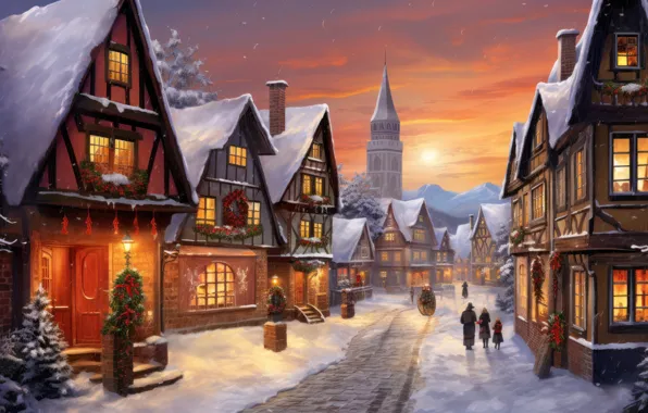 Winter, snow, the city, house, building, home, Christmas, New year