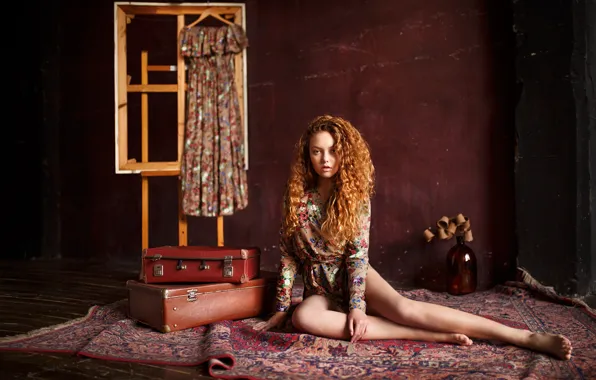 Picture look, girl, pose, carpet, dress, red, curls, redhead