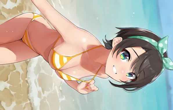 Girl, sexy, cleavage, beach, sea, brown hair, boobs, anime