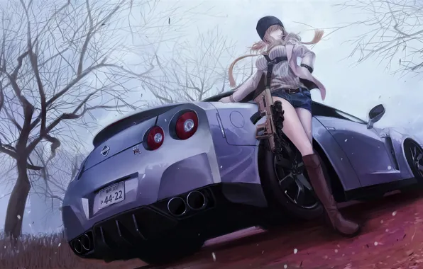 Picture autumn, girl, anime, machine, Nissan, GT-R, car, art