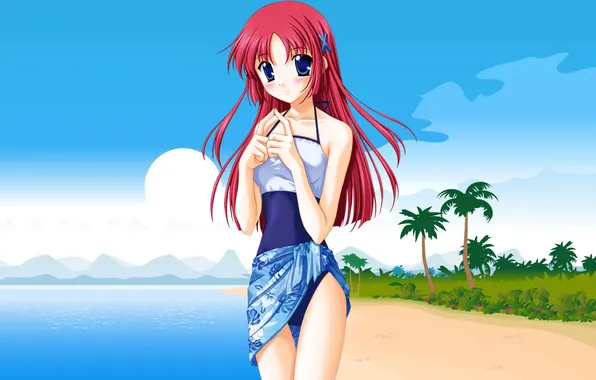 Sea, beach, summer, girl, anime art