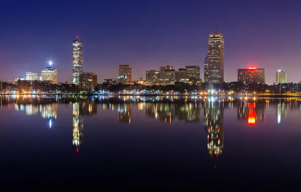 Night, the city, lights, reflection, the ocean, panorama, Boston skyline