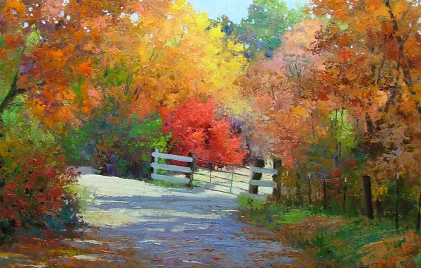 Picture road, autumn, trees, the fence, gate