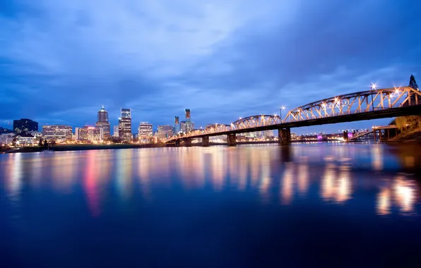 The sky, bridge, lights, river, the evening, lighting, Oregon, Portland