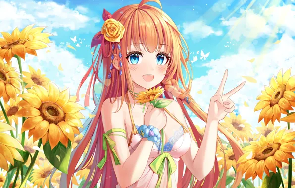 Picture field, summer, girl, sunflowers, flowers
