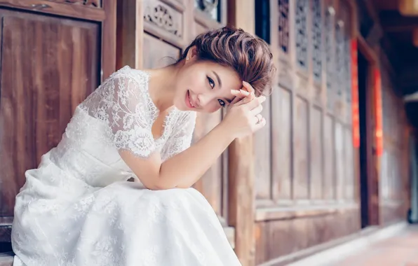 Picture look, girl, smile, background, dress, sitting