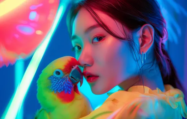 Look, girl, pose, bird, portrait, brunette, parrot, Asian