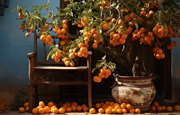 Light, branches, the dark background, oranges, chair, harvest, fruit, fruit