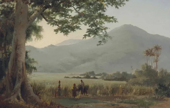 Mountains, palm trees, people, picture, Camille Pissarro, Landscape at Saint Thomas