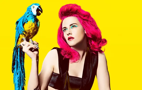 Picture yellow, background, bird, hair, portrait, makeup, actress, hairstyle