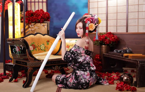 Picture pose, model, interior, sword, katana, makeup, tattoo, hairstyle