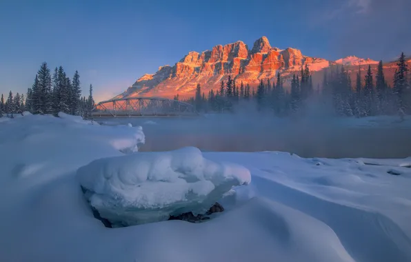 Picture the sky, snow, mountains, bridge, river