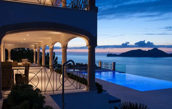 Picture sea, light, Villa, the evening, pool, Port Andratx