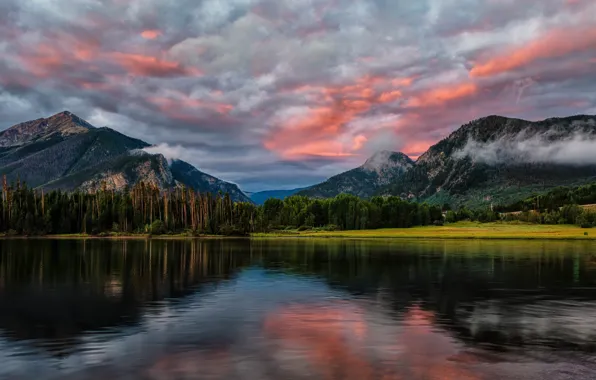 Forest, the sky, water, clouds, trees, mountains, nature, lake