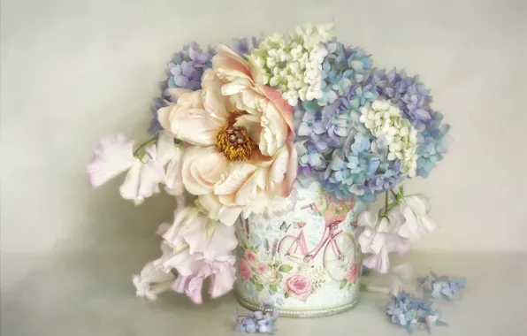 Flowers, background, bouquet, blue, art, pot, white, painting