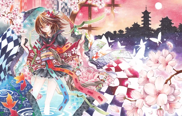 Look, water, girl, flowers, the moon, butterfly, dress, tape