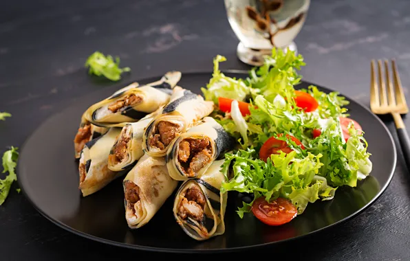 Pancakes, tomatoes, salad, with meat, pancakes with meat