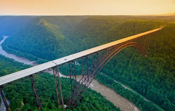 Bridge, River, Height, West Virginia, forest, Forest, West Virginia, New River Gorge Bridge