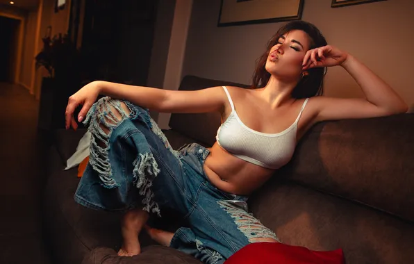 Sexy, pose, model, body, jeans, makeup, figure, hairstyle