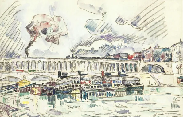 Figure, watercolor, 1927, Paul Signac, Paul Signac, The Viaduct and Mouche Bridge at Auteuil